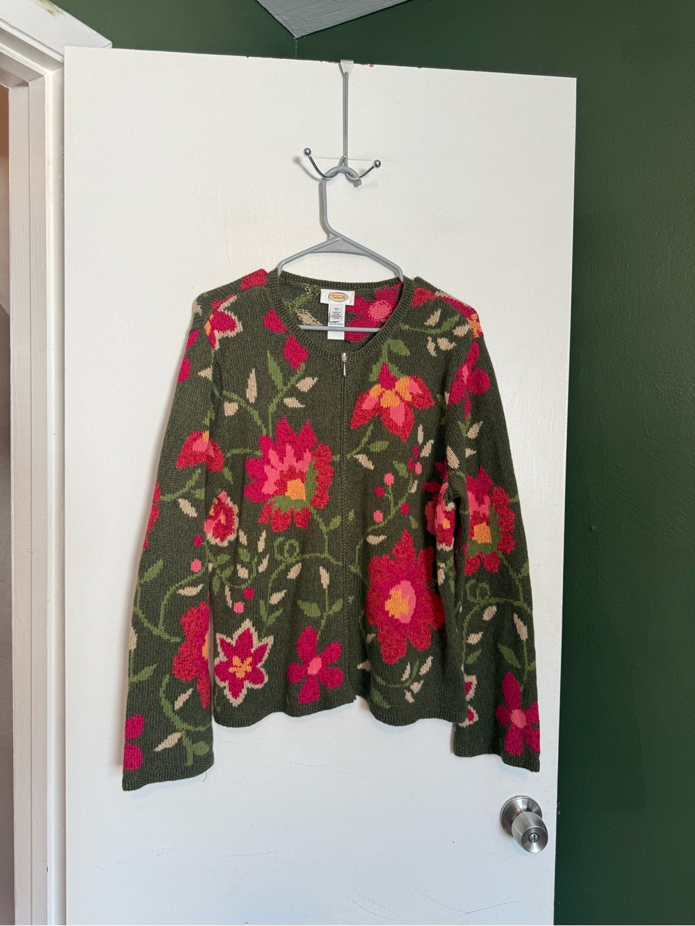 Vintage Talbots green and pink floral full zip ramie and cotton blend sweater